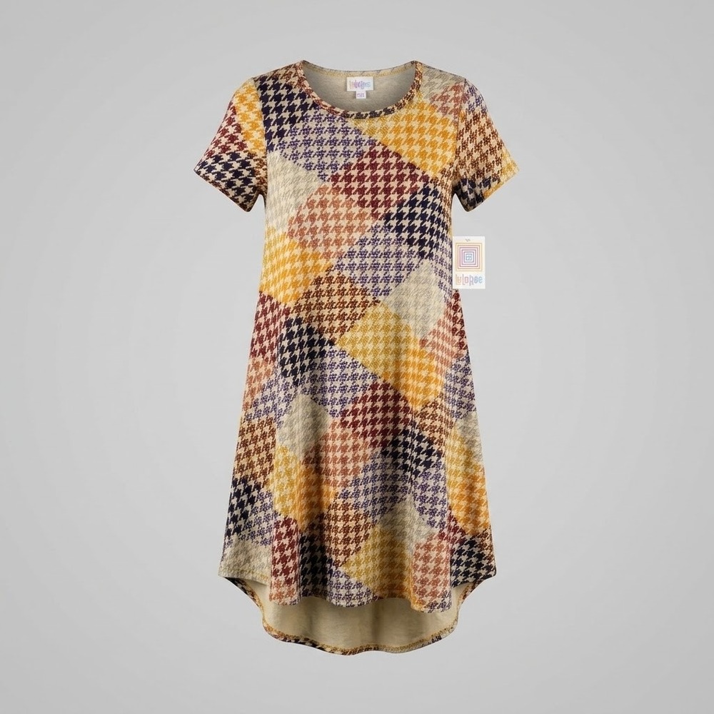 LuLaRoe Carly Dress XXS New Multi Color Houndstooth Patchwork High Low Hem Fall